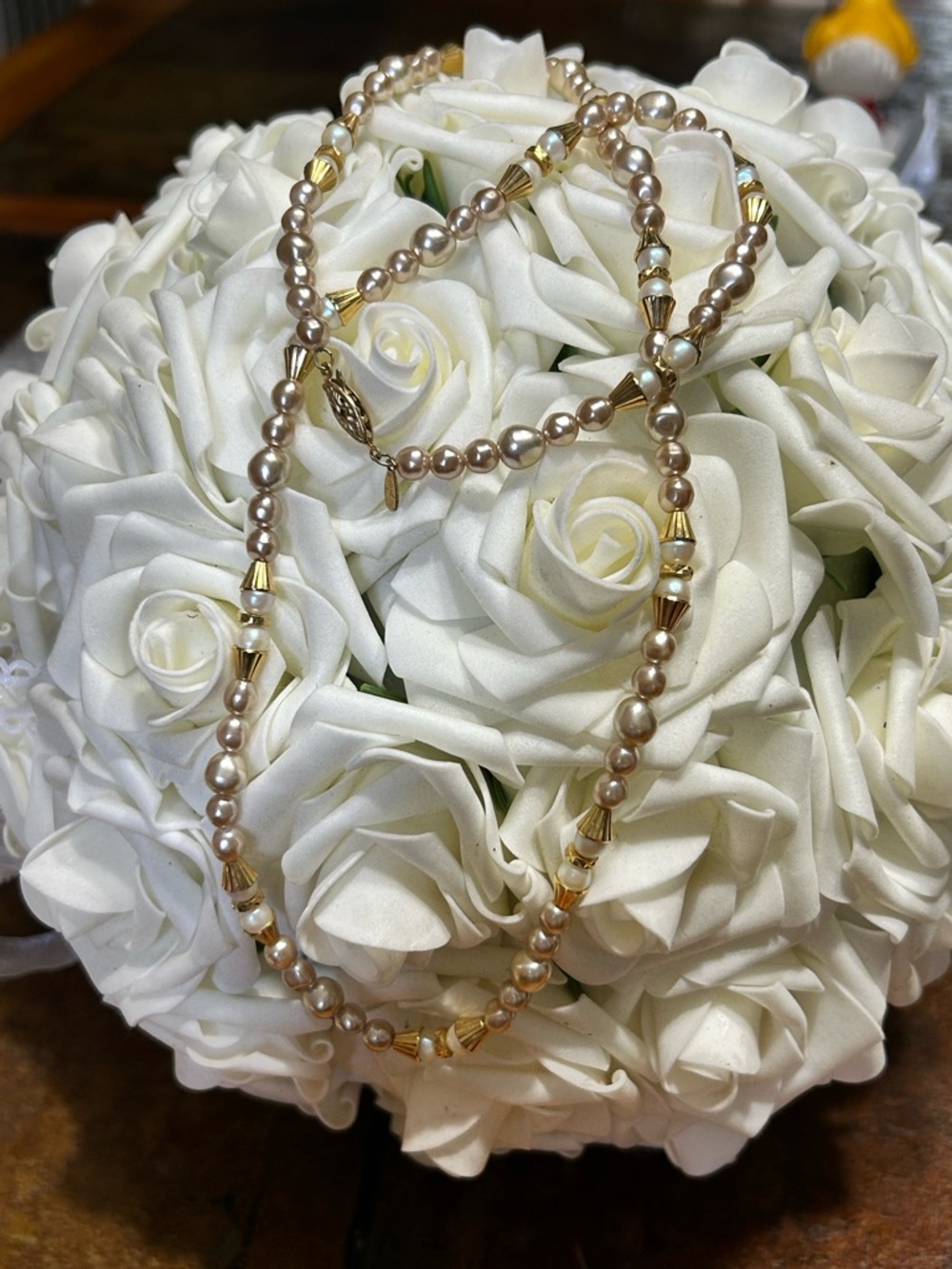 Napier Vintage Champagne and White Faux Pearl Necklace with Gold Spacers